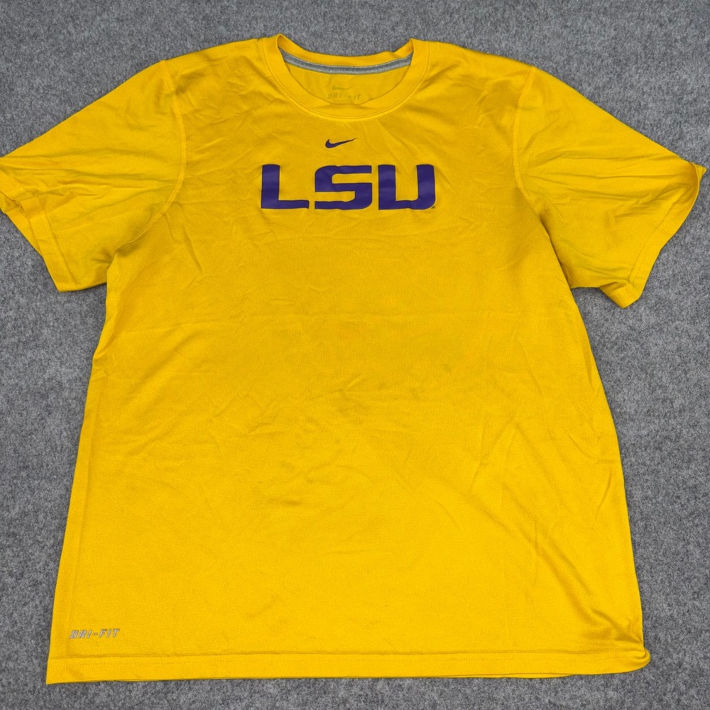 Nike LSU Tigers Dri-FIT Shirt Mens Large Yellow Short Sleeve Performance